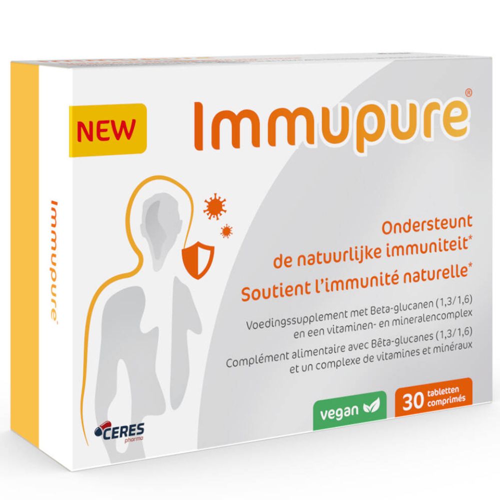 Boîte de comprimés ImmuPure. Inscription "NEW". Contient 30 comprimés. Label vegan.