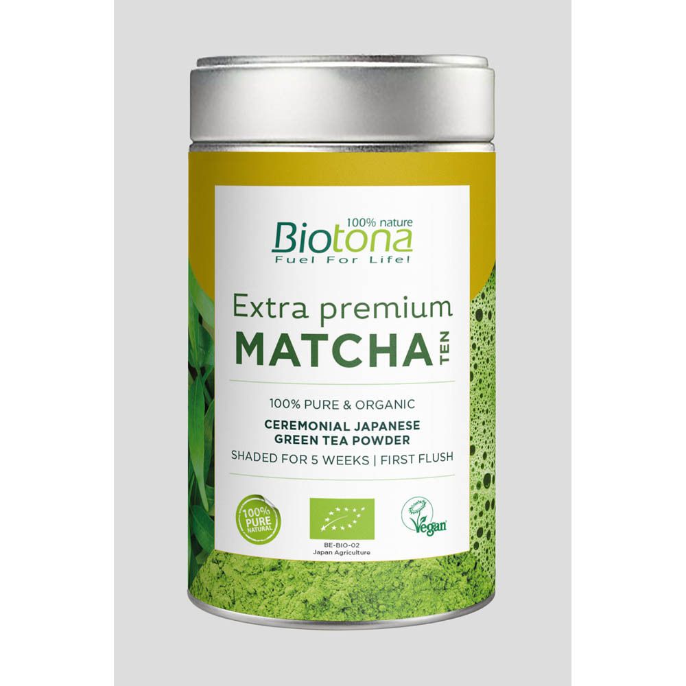 Boîte Biotona Extra Premium Matcha. Vert, texte: 100% Pure & Organic, Ceremonial Japanese Green Tea Powder. Vegan.