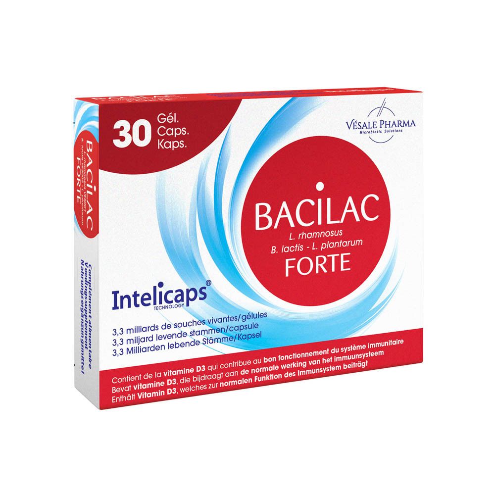 Boîte de Bacilac Forte Intelicaps. Cercle rouge avec texte blanc BACILAC FORTE. 30 gélules. Contient de la vitamine D3.