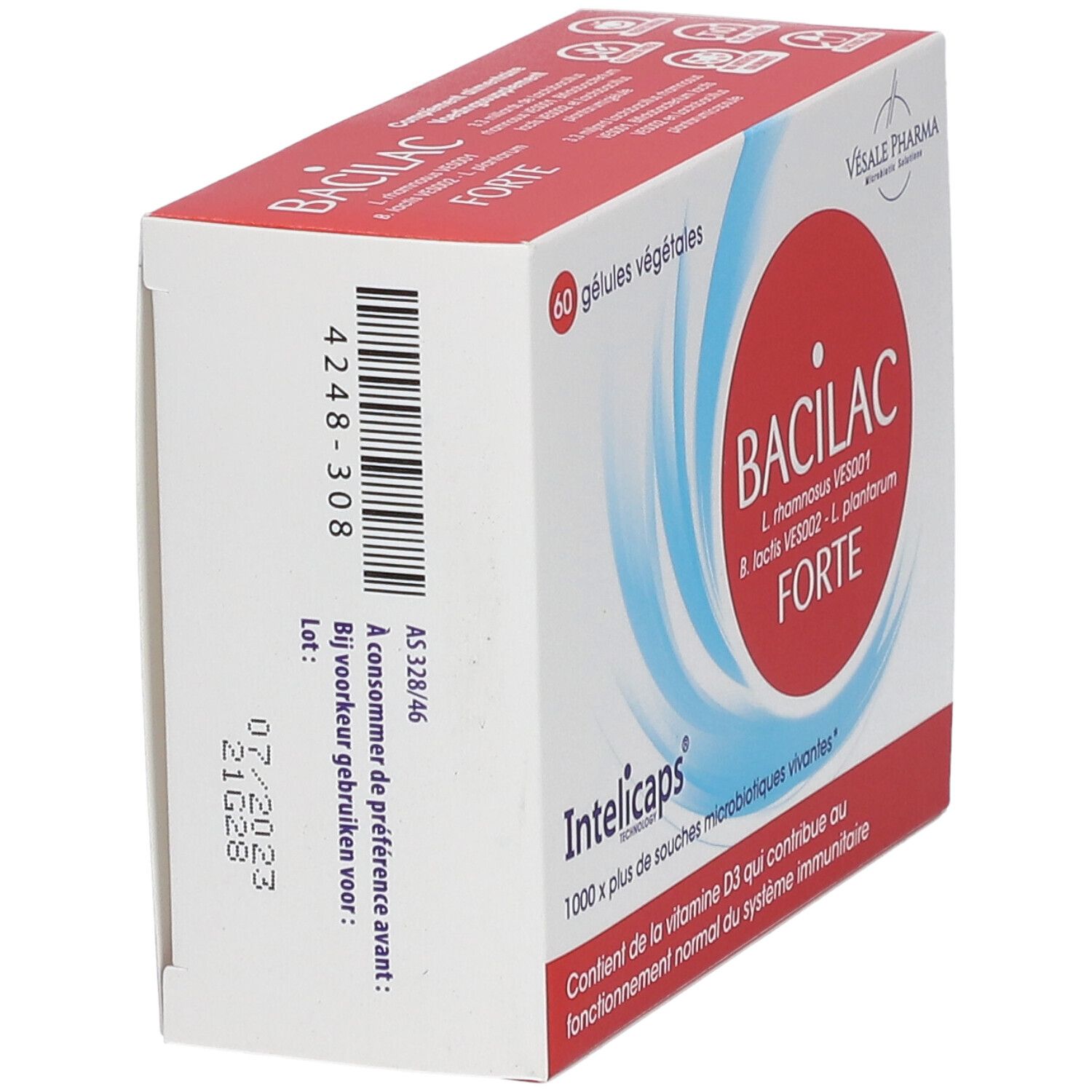 Boîte "Bacilac Forte Intelicaps". Cercle rouge avec texte blanc. 60 gélules. Contient de la vitamine D3. Vesale Pharma. Code-barres.
