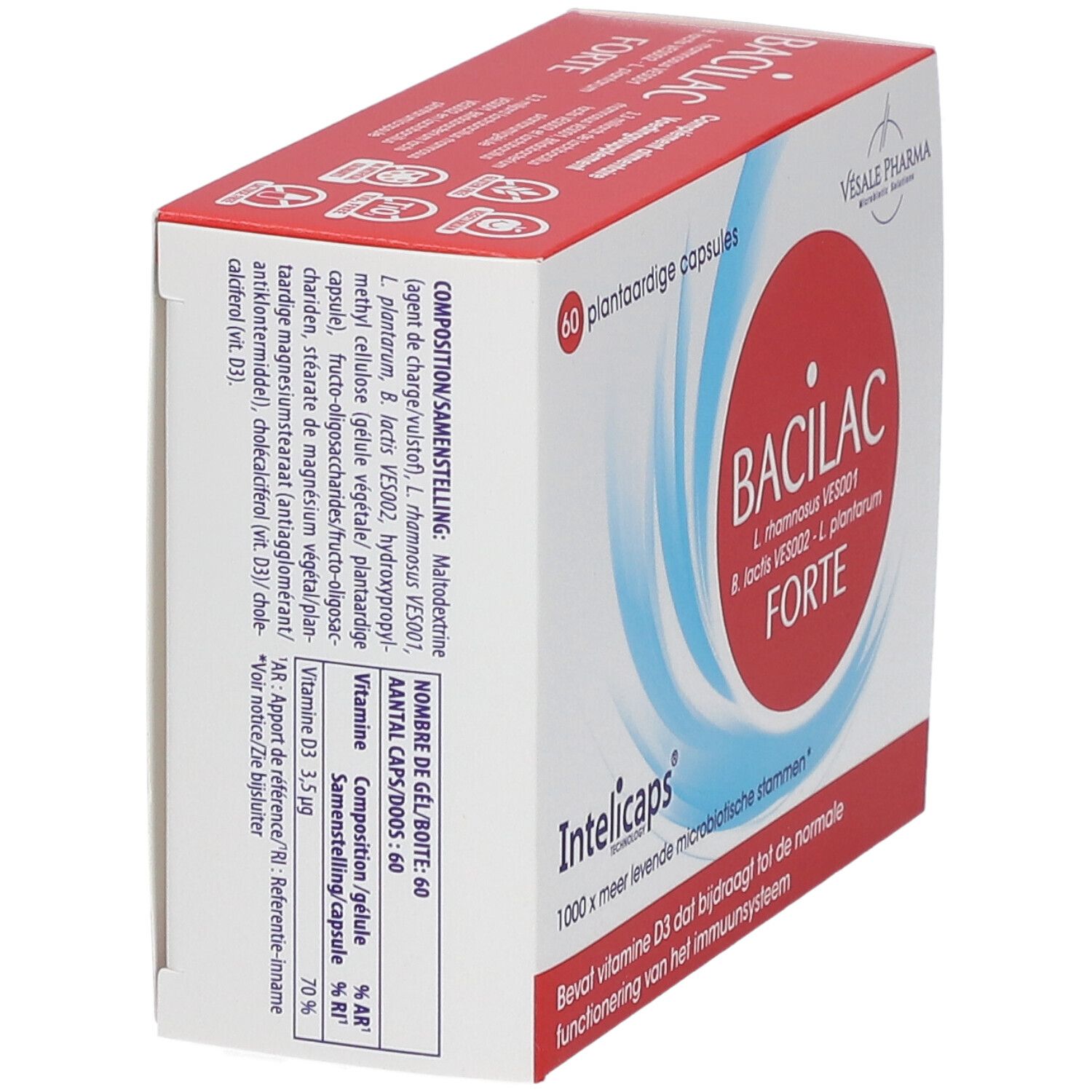 Boîte "Bacilac Forte Intelicaps". Cercle rouge avec texte blanc. 60 gélules. Contient de la vitamine D3. Vesale Pharma. Ingrédients.