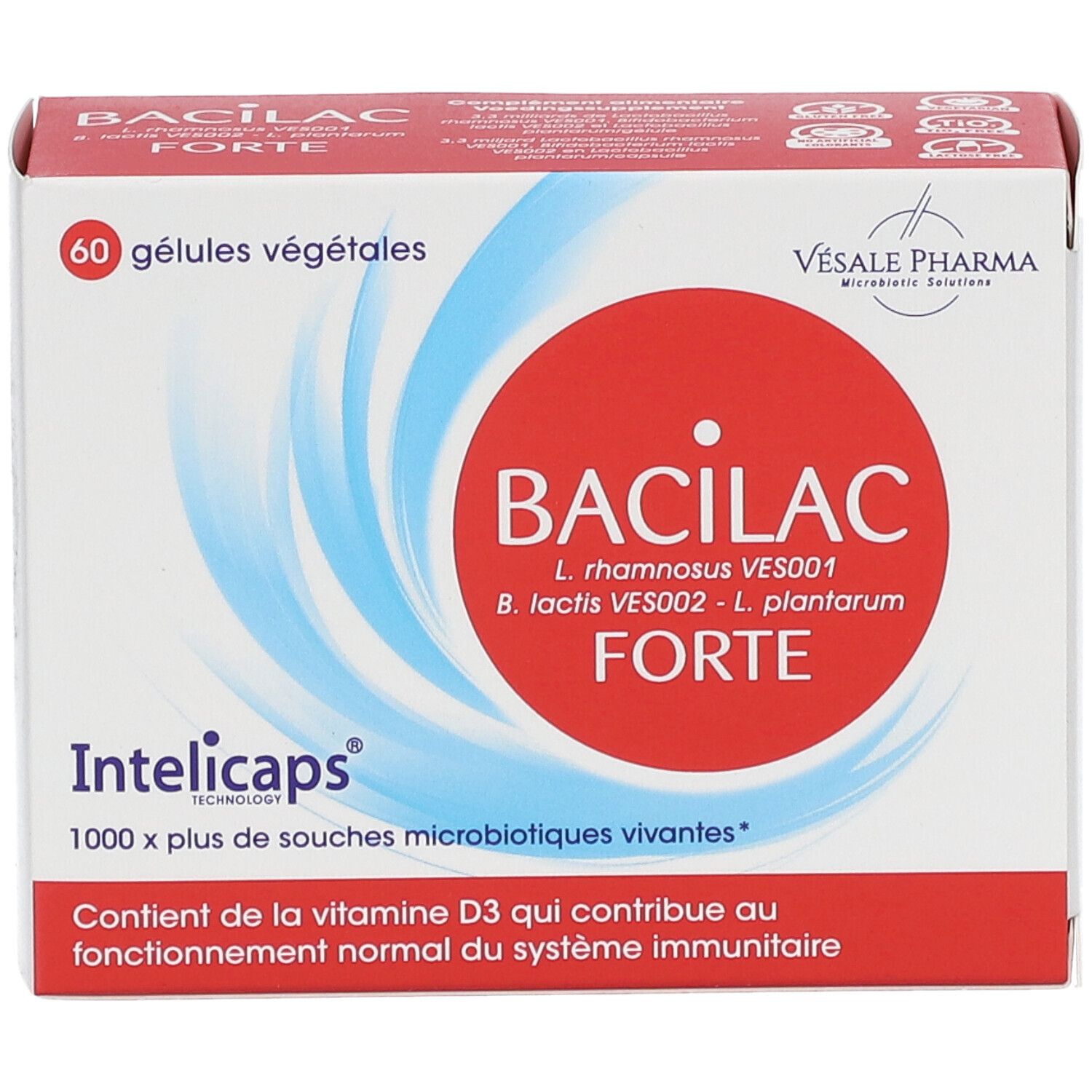 Boîte "Bacilac Forte Intelicaps". Cercle rouge avec texte blanc. 60 gélules. Contient de la vitamine D3. Vesale Pharma.