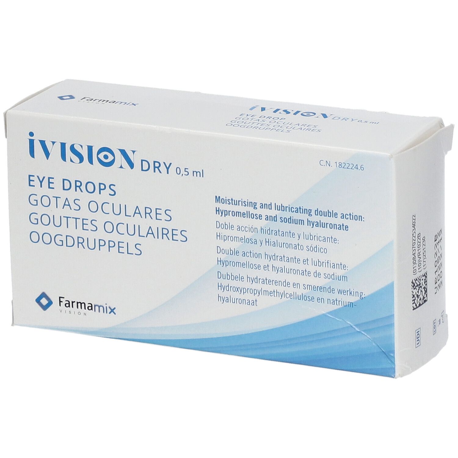 Boîte de gouttes ophtalmiques iVision Dry 0,5 ml. Texte en allemand, anglais, français, italien et néerlandais.