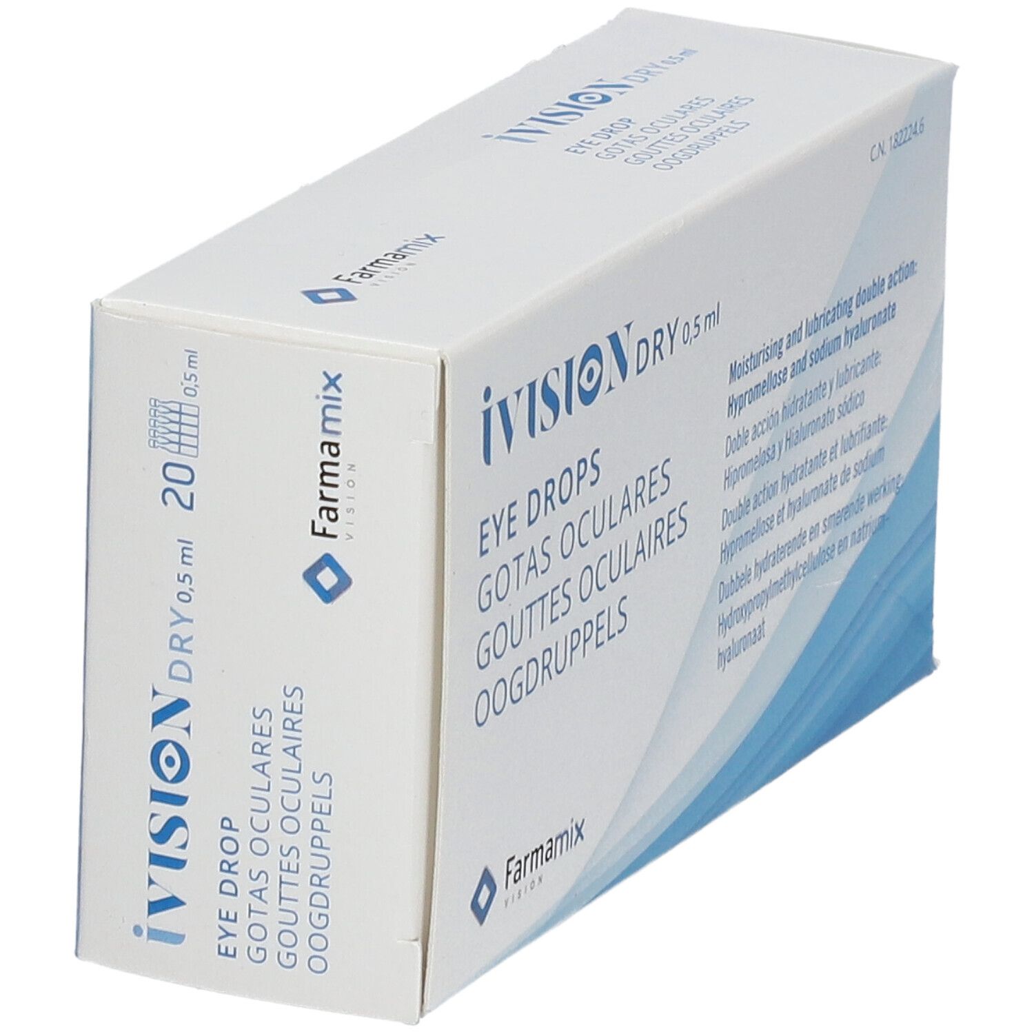 Boîte de gouttes ophtalmiques iVision Dry 0,5 ml. Contient 20 unidoses. Texte en plusieurs langues.