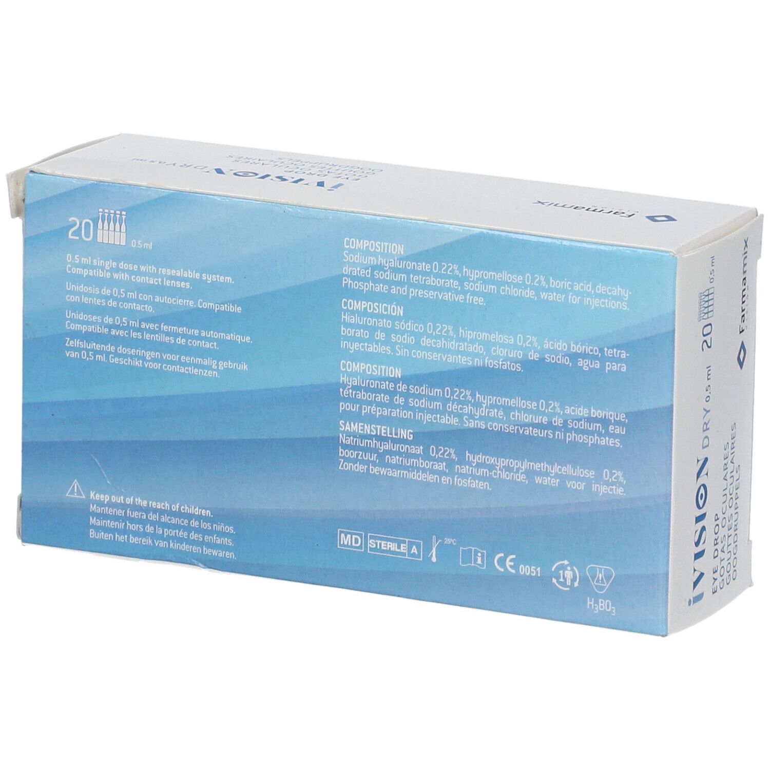Dos de la boîte de gouttes ophtalmiques iVision Dry 0,5 ml. Ingrédients et instructions en plusieurs langues.