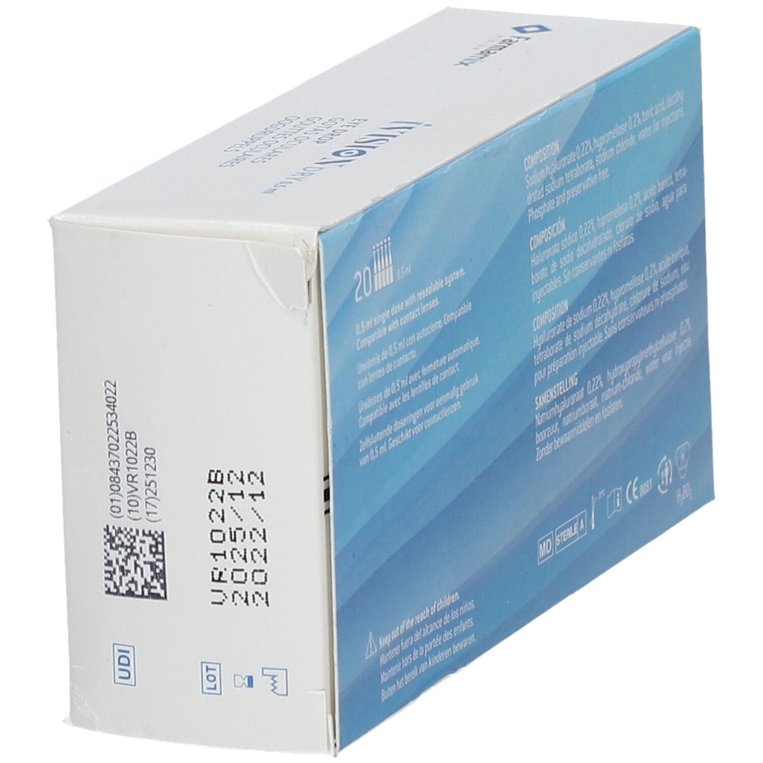 Vue latérale de la boîte de gouttes ophtalmiques iVision Dry 0,5 ml. Numéro de lot, UDI et date de péremption.