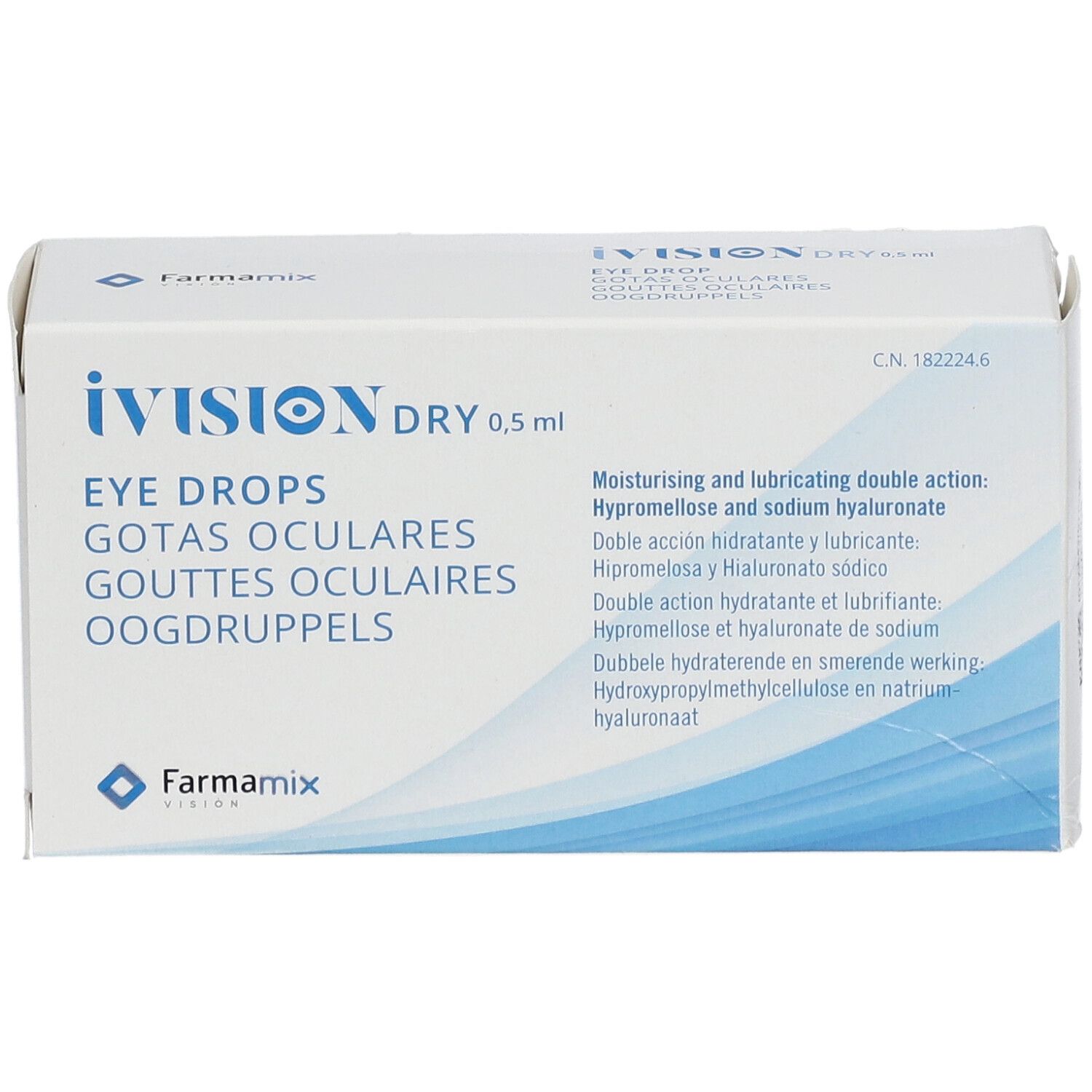 Boîte de gouttes ophtalmiques iVision Dry 0,5 ml. Texte en allemand, anglais, français, italien et néerlandais.