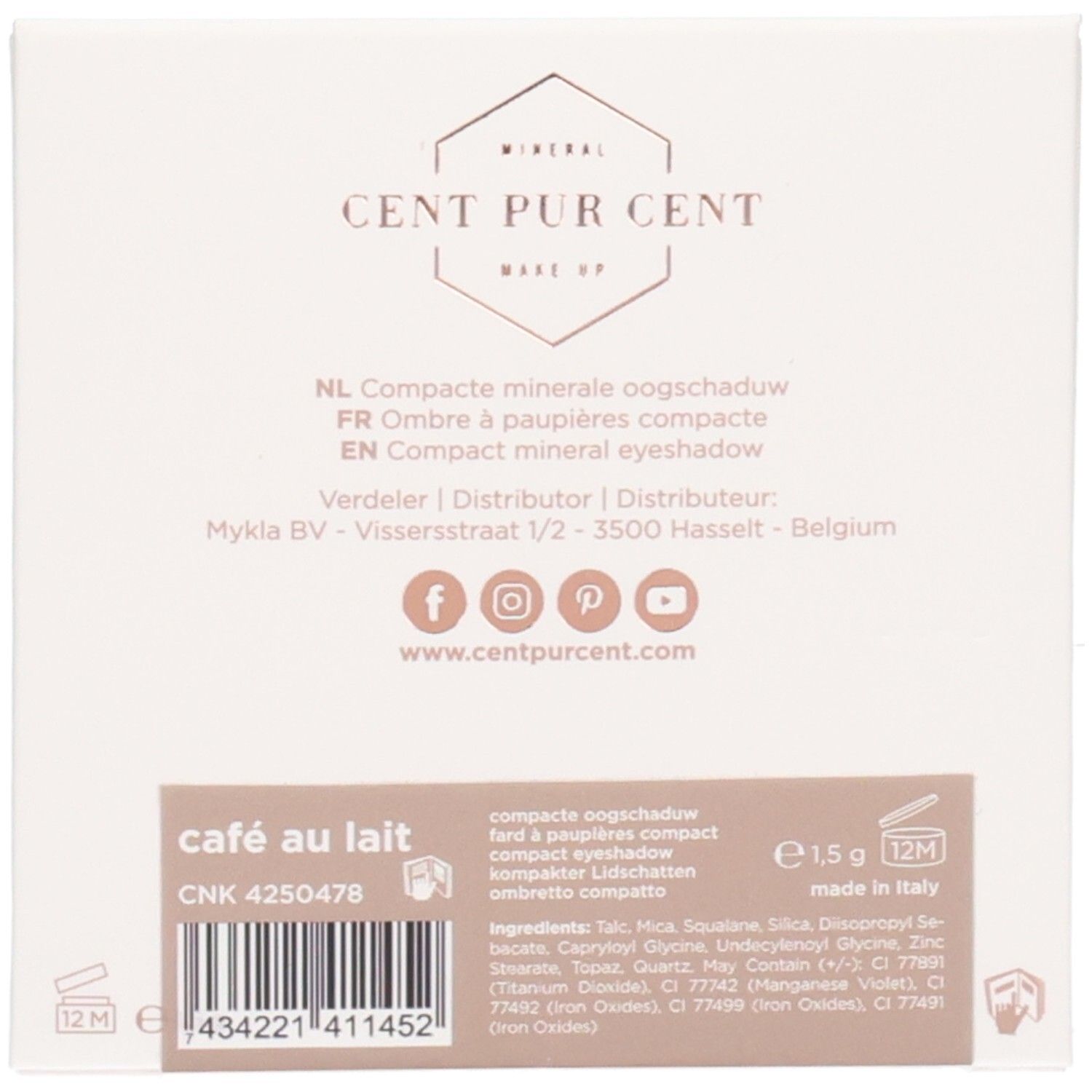 Cent Pur Cent Mineral Make Up: Arrière de l'emballage avec informations produit et code-barres.