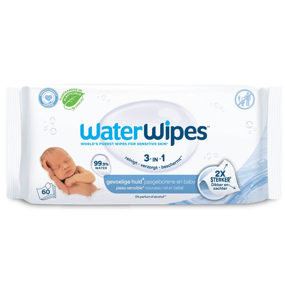 Paquet de lingettes WaterWipes. Inscription "99,9% water". Bébé endormi. Logo "2X plus fort".