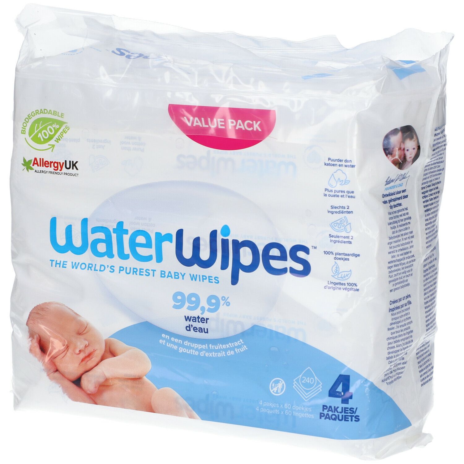 WaterWipes Lingettes Pures à l'eau- 240 lingettes Paquet de 4X60 -  Idyllemarket