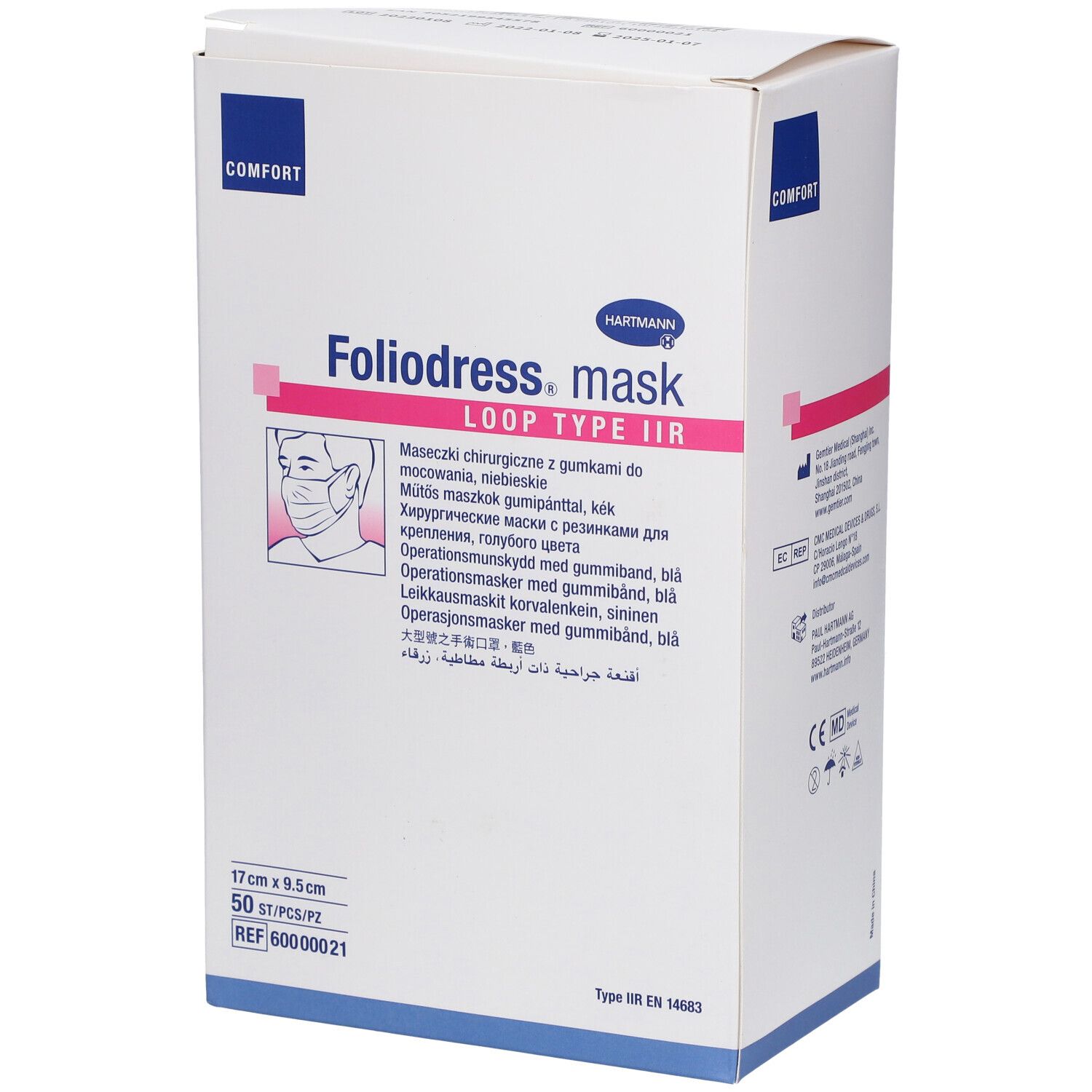 Boîte Hartmann Foliodress mask Loop IIR. Carton blanc avec nom du produit, logo et dimensions : 17cm x 9.5cm. 50 pièces.