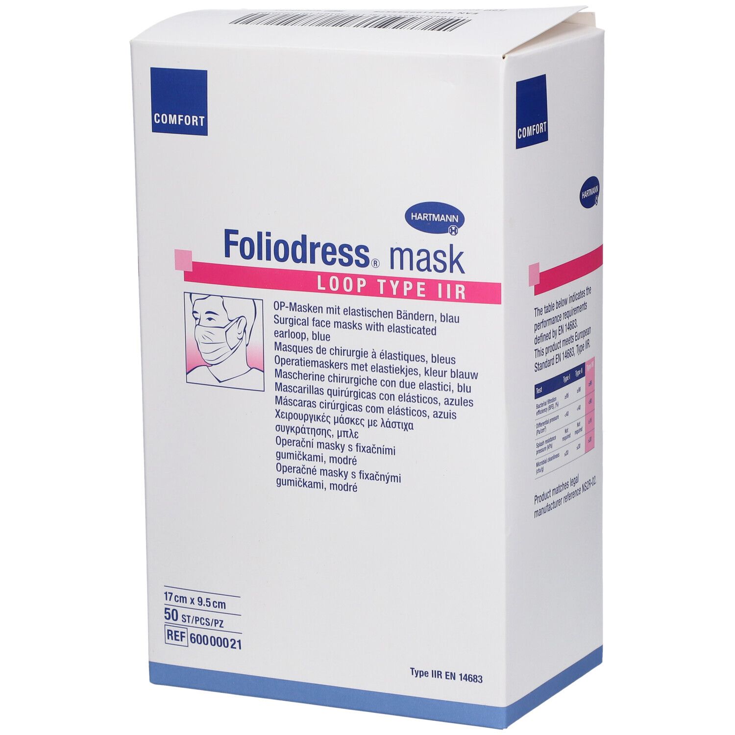 Emballage Hartmann Foliodress mask Loop IIR. Carton blanc avec nom du produit, logo et dimensions : 17cm x 9.5cm. 50 pièces.