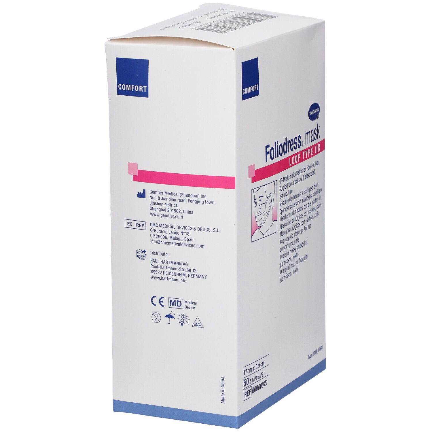 Emballage Hartmann Foliodress mask Loop IIR. Carton blanc avec nom du produit, logo et informations fabricant. Marquage CE.