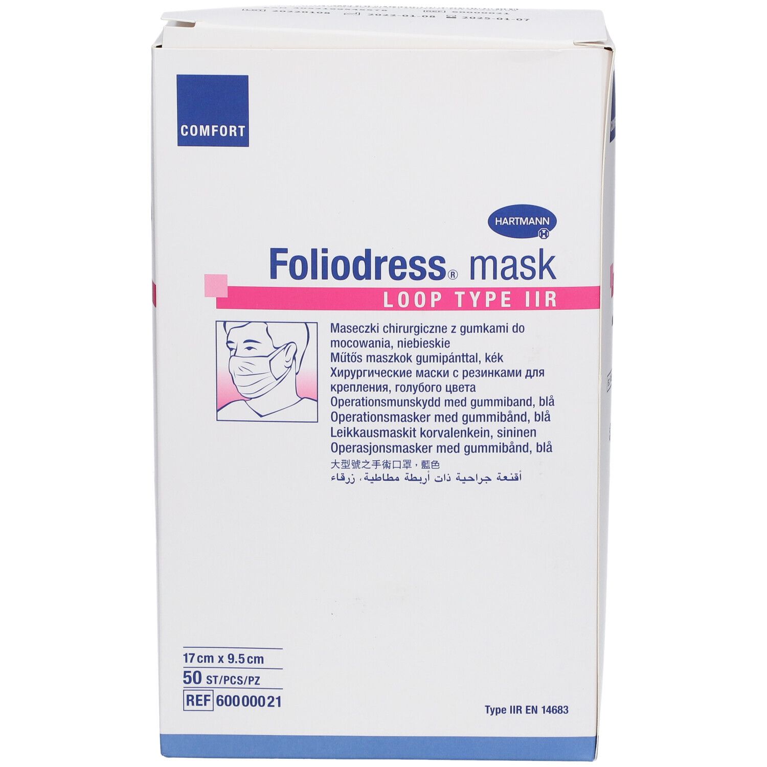Emballage Hartmann Foliodress mask Loop IIR. Carton blanc avec nom du produit, logo et dimensions : 17cm x 9.5cm. 50 pièces.