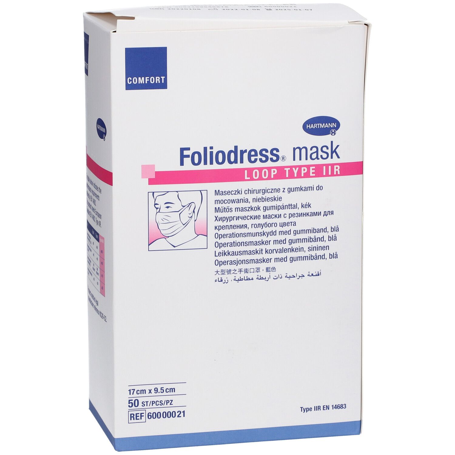 Emballage Hartmann Foliodress mask Loop IIR. Carton blanc avec nom du produit, logo et dimensions : 17cm x 9.5cm. 50 pièces.