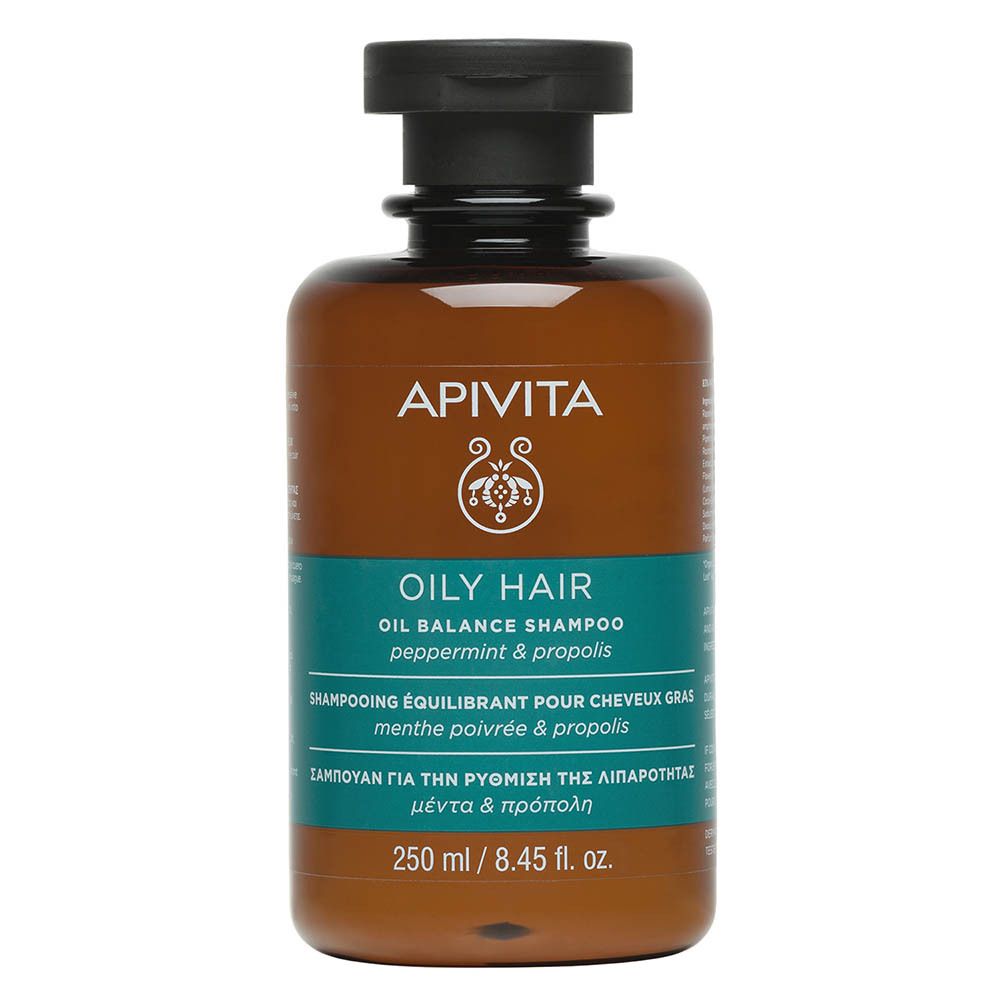Bouteille de shampooing APIVITA Oily Hair avec bouchon noir, 250 ml.