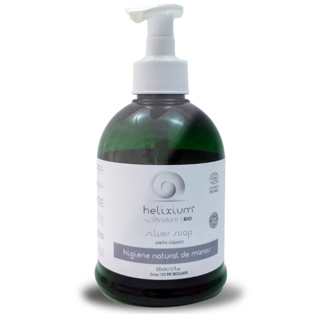 Flacon vert avec pompe blanche. Inscription: Helixium Silver Soap. Étiquette avec texte en espagnol.