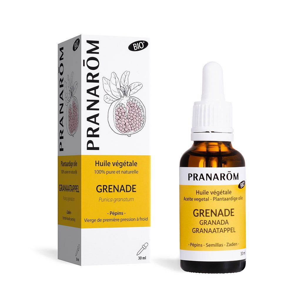 Flacon en verre brun avec pipette et boîte. Inscription: PRANARÔM, Grenade. Certification Bio.