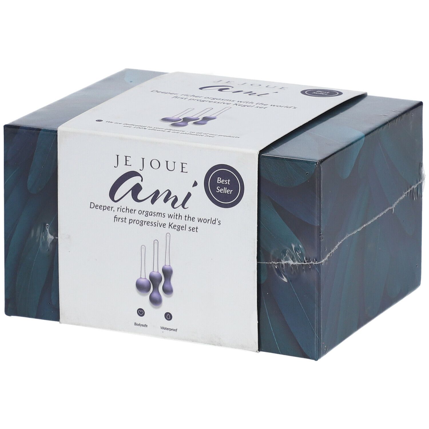 Boîte du set. Inscription : JE JOUÉ Ami. Best Seller. Illustration de trois boules violettes. Texte : orgasmes plus profonds et riches avec le premier set de Kegel progressif au monde.