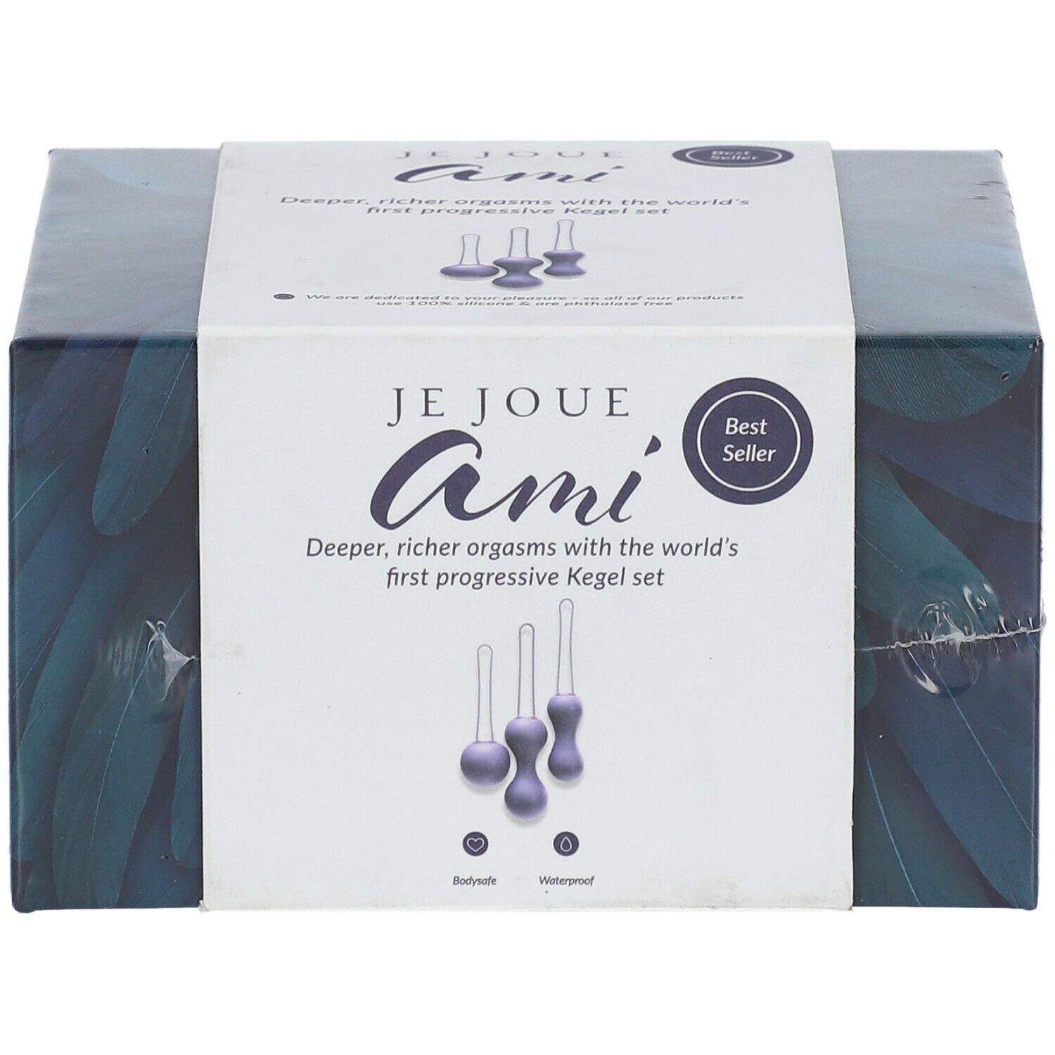 Boîte du set. Inscription : JE JOUÉ Ami. Best Seller. Illustration de trois boules violettes. Texte : orgasmes plus profonds et riches avec le premier set de Kegel progressif au monde.
