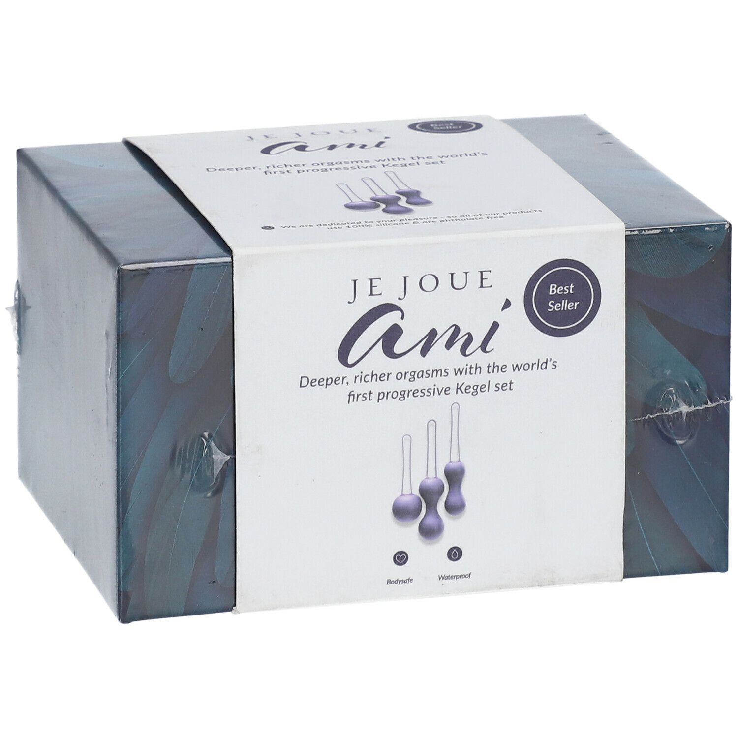 Boîte du set. Inscription : JE JOUÉ Ami. Best Seller. Illustration de trois boules violettes. Texte : orgasmes plus profonds et riches avec le premier set de Kegel progressif au monde.