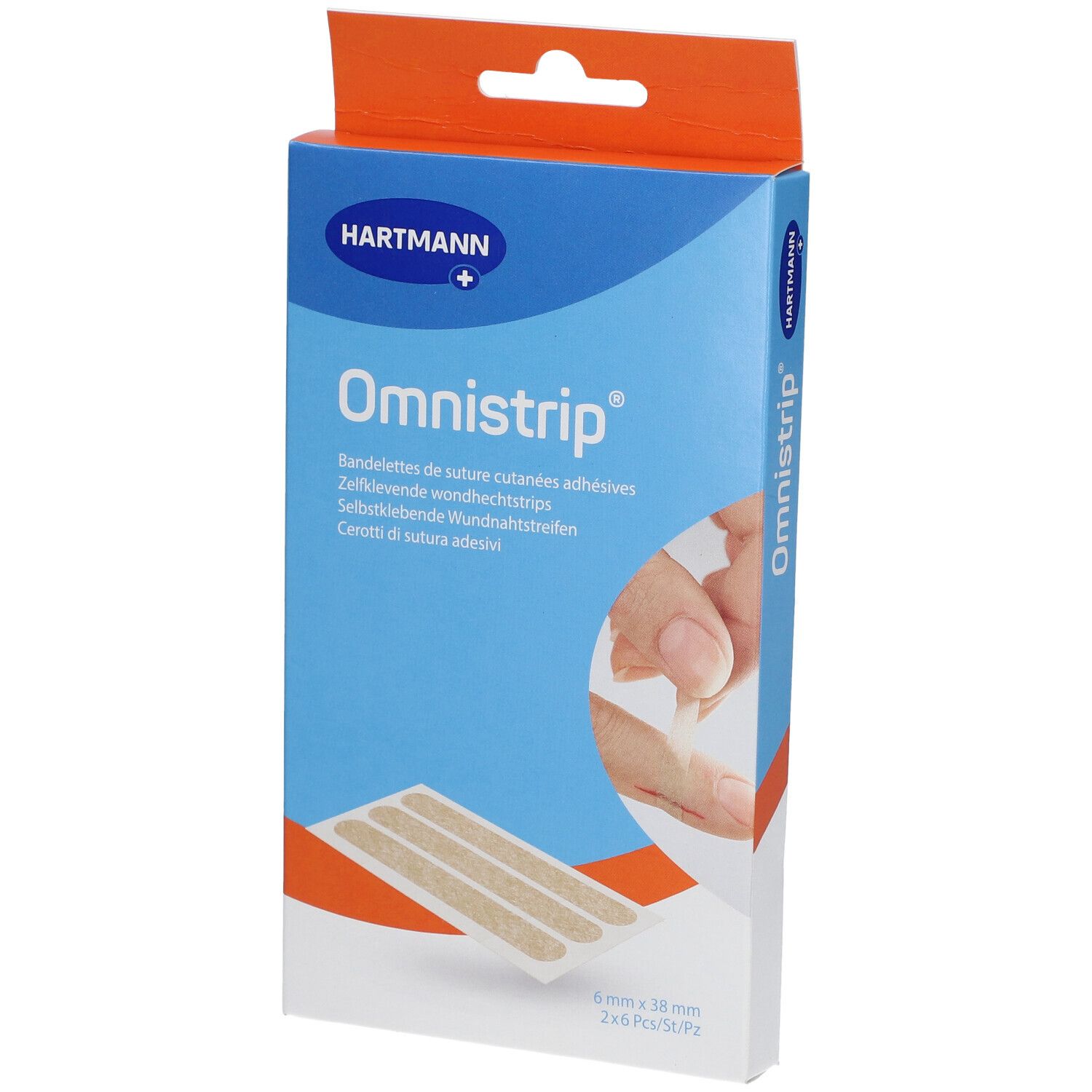 Boîte de Hartmann Omnistrip Stérile. Nom du produit et illustration. Contient des bandelettes adhésives de suture cutanée.