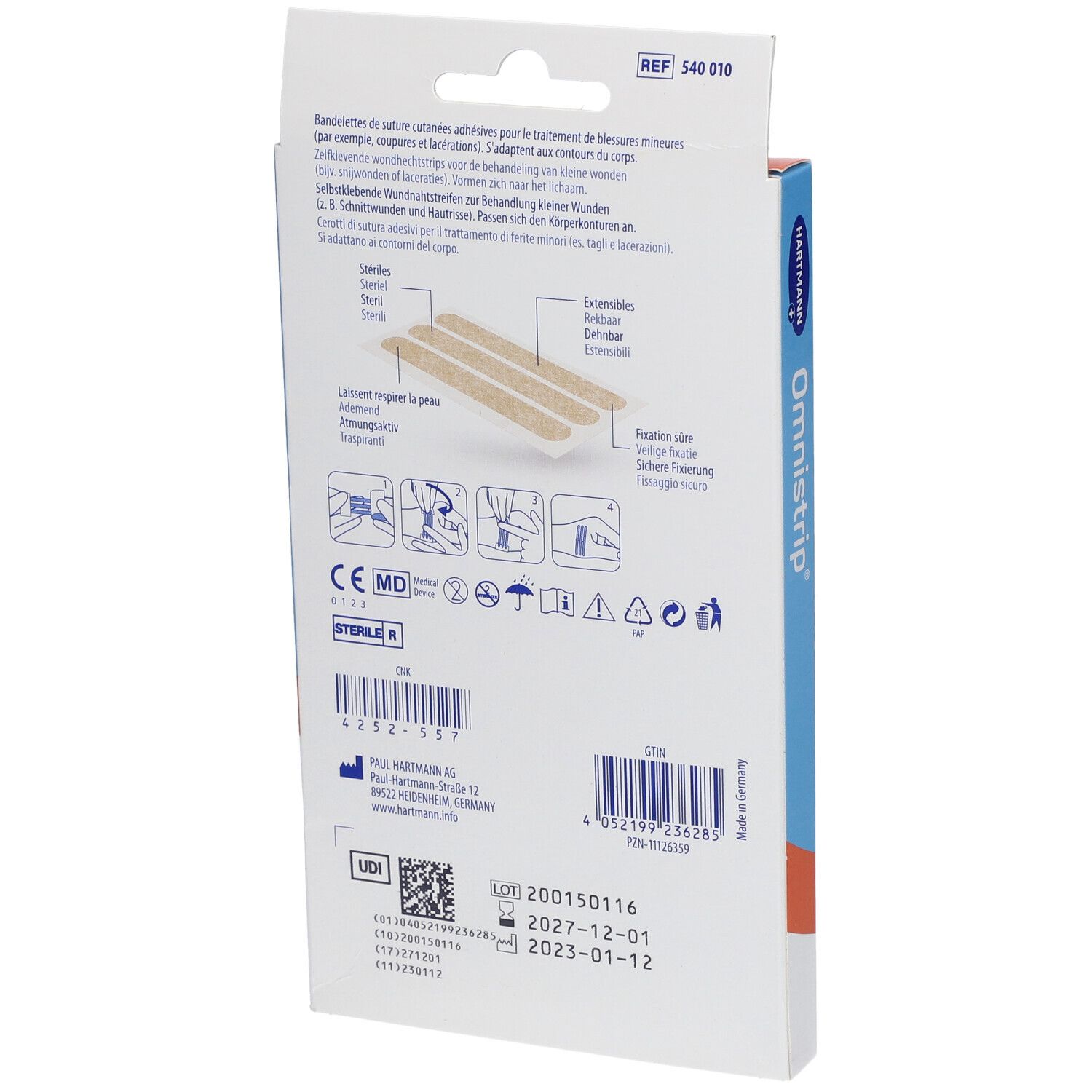 Dos de la boîte Hartmann Omnistrip Stérile. Informations produit, instructions et fabricant. Marquage CE.