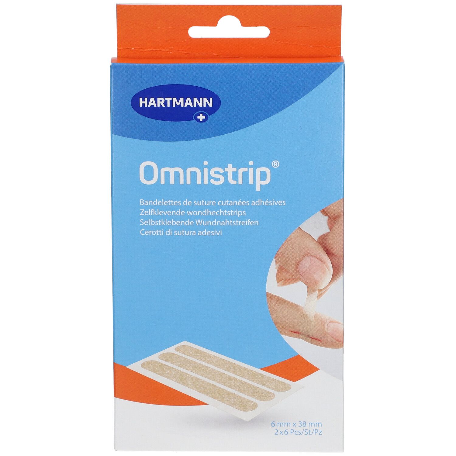 Boîte Hartmann Omnistrip Stérile. Nom et illustration. Contient des bandelettes adhésives. Taille : 6x38mm.