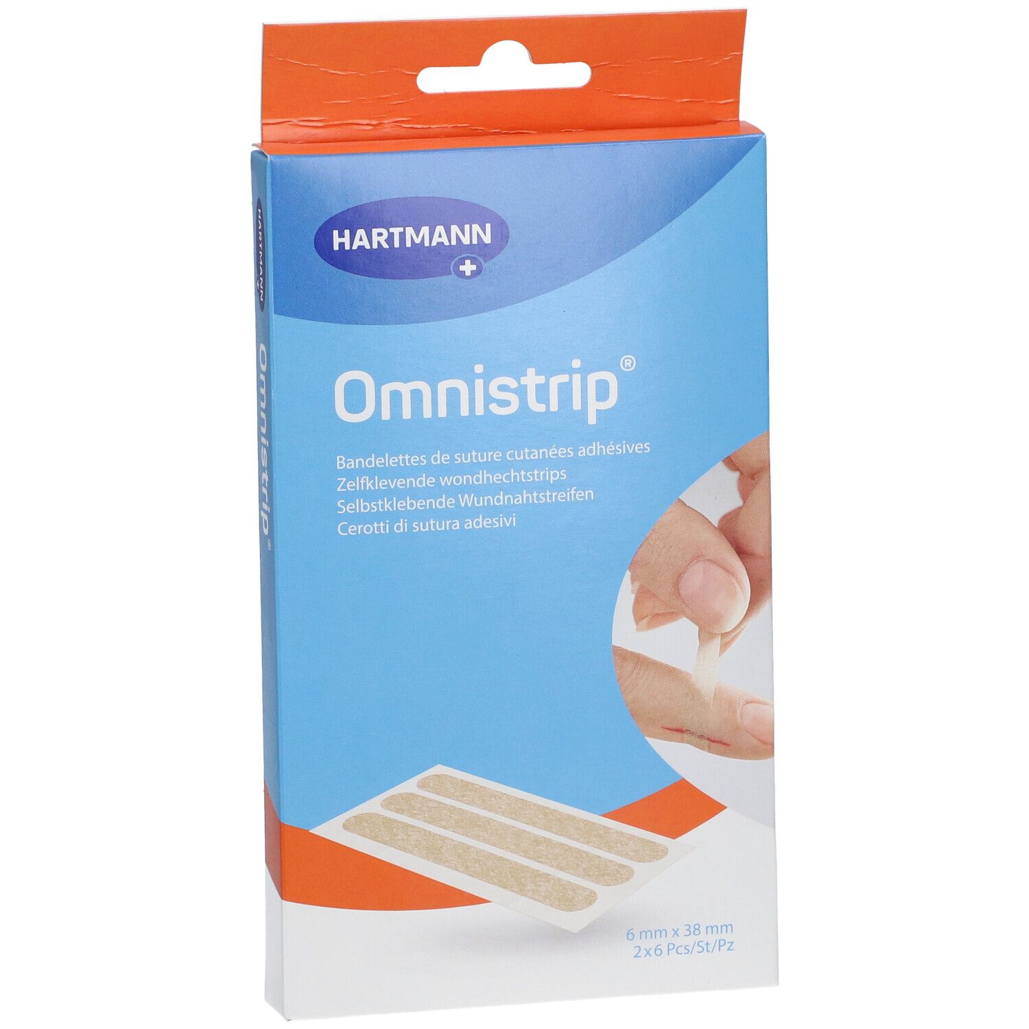 Boîte Hartmann Omnistrip Stérile. Nom et illustration. Contient des bandelettes adhésives. Taille : 6x38mm.