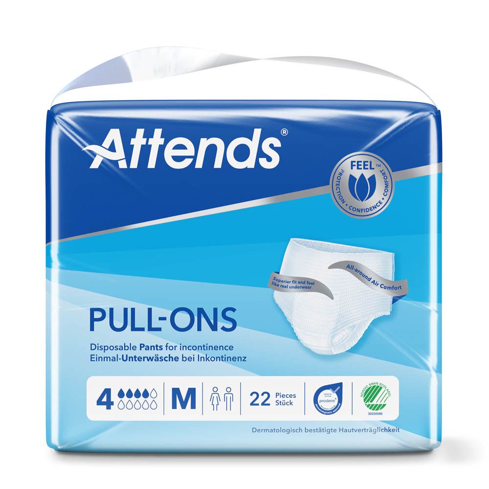 Attends Pull-Ons 4 Medium. Culottes jetables pour incontinence. Emballage bleu. Taille M. 22 pièces. Testé dermatologiquement.