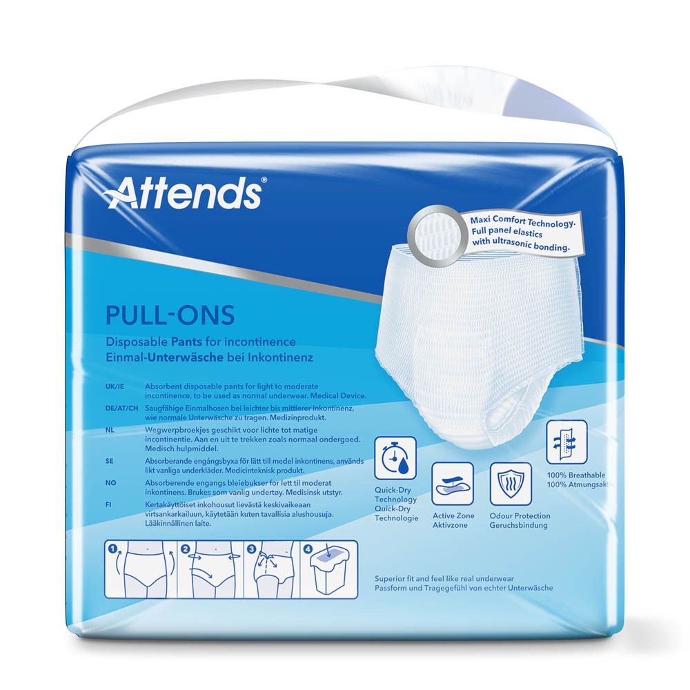 Attends Pull-Ons 4 Medium. Culottes jetables pour incontinence. Emballage bleu. Taille M. 22 pièces. Produit et emballage.