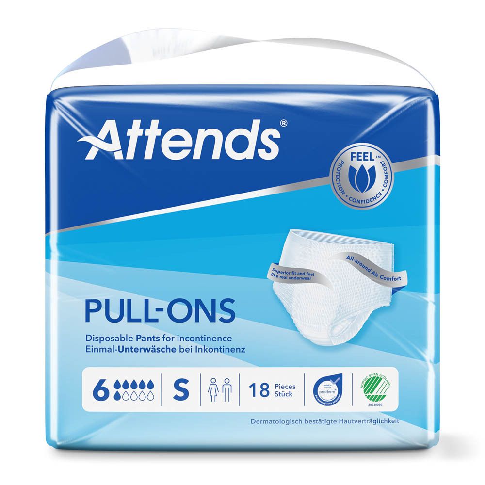 Attends® Slip Pull-Ons 6 Small. Emballage bleu. 18 pièces. Absorption 6 gouttes. Taille S. Testé dermatologiquement.