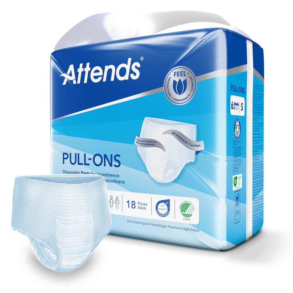Attends® Slip Pull-Ons 6 Small. Emballage bleu et blanc. 18 pièces. S. Sous-vêtements pour incontinence.