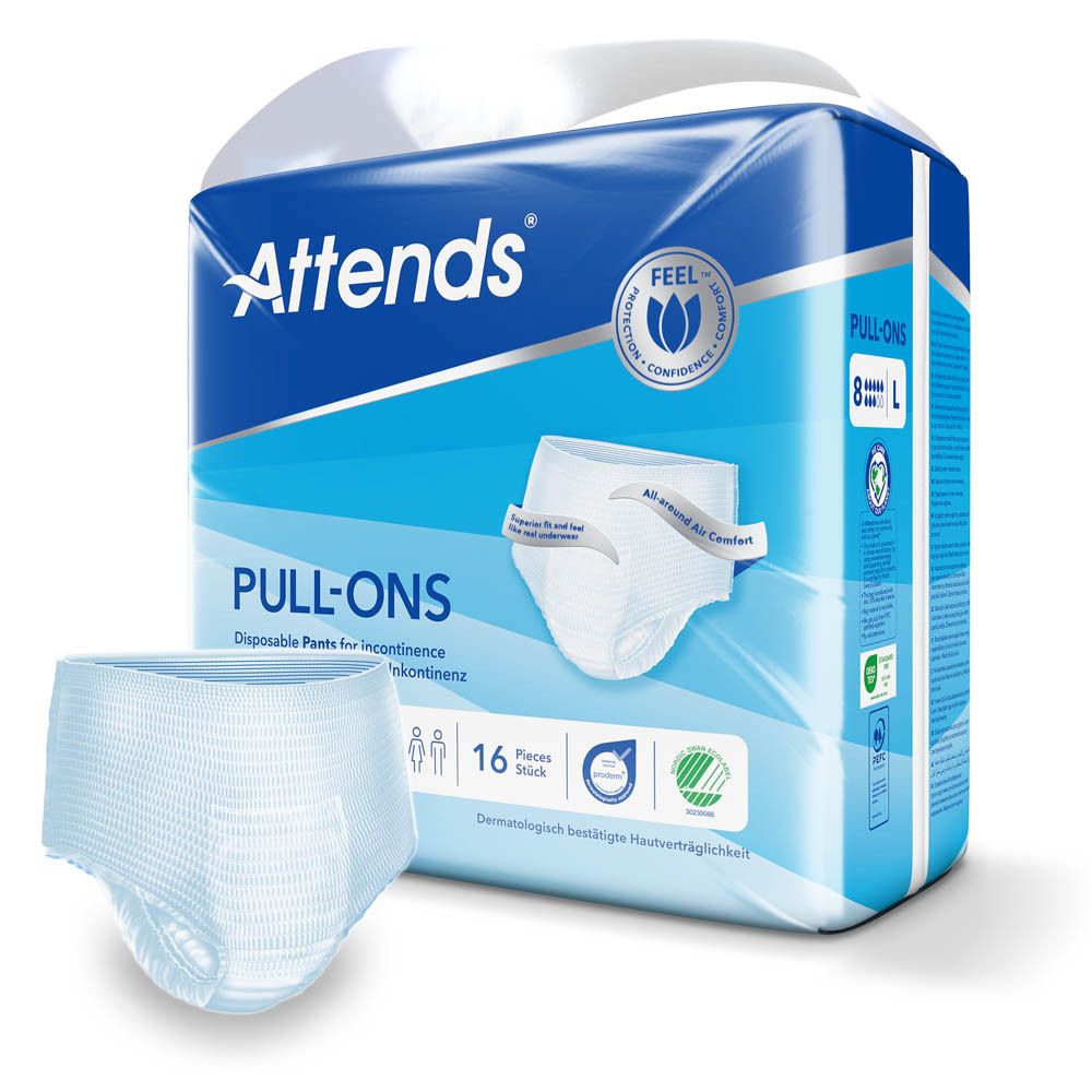 Attends® Slip Pull-Ons 8 Large. Emballage bleu. Culottes jetables pour incontinence. 16 pièces. Taille L.