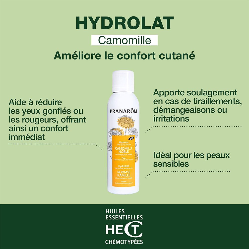Visuel publicitaire avec flacon. Texte: Hydrolat Camomille, améliore le confort cutané. Aide rougeurs.