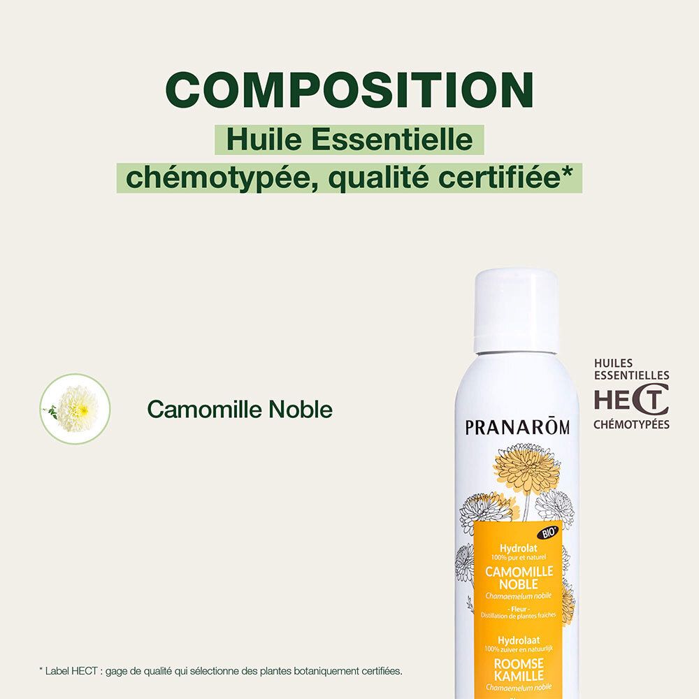 Visuel publicitaire. Texte: Huile essentielle, qualité certifiée. Camomille Noble. Label HECT.