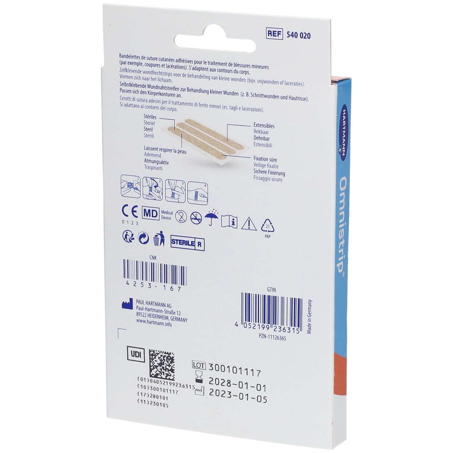 Dos de la boîte Hartmann Omnistrip. Informations, symboles, numéro de lot et date de péremption.