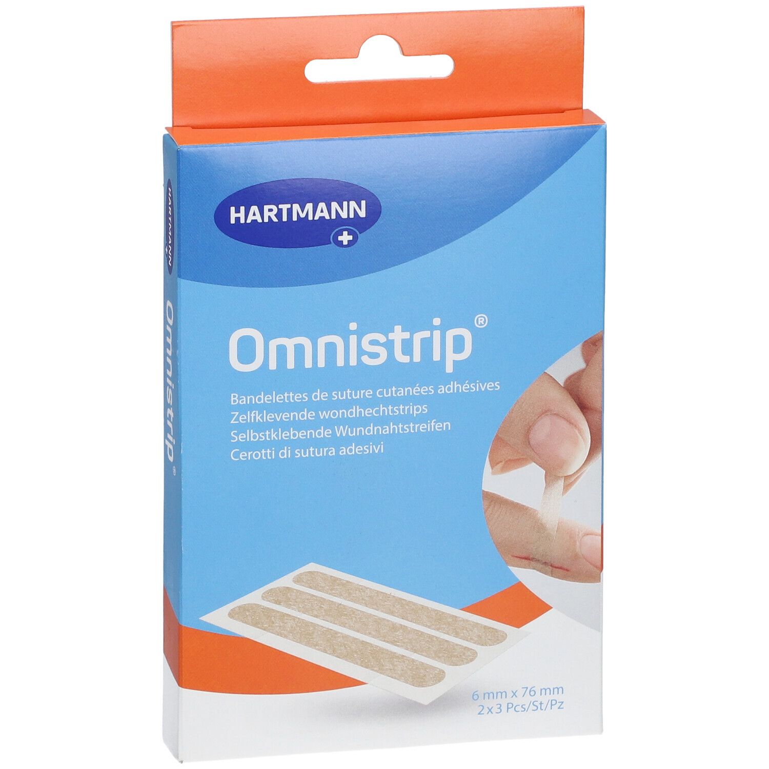 Boîte Hartmann Omnistrip. Bleu, avec nom et logo. Montre des bandes et une main.
