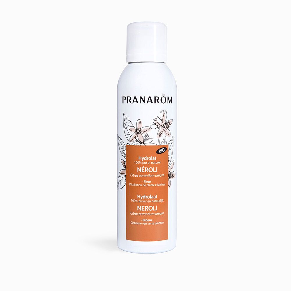 Flacon spray blanc. Inscription: PRANAROM, hydrolat de Néroli, certification bio, illustration florale.