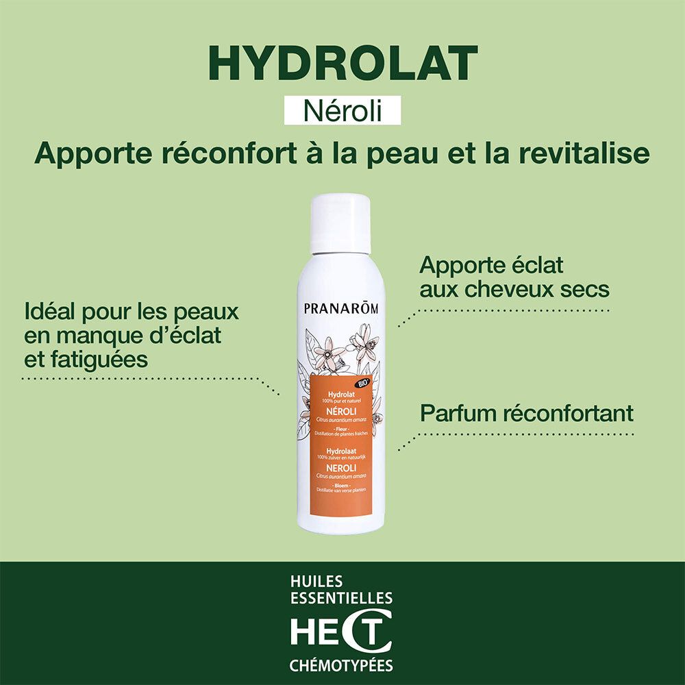 Flacon de produit sur fond vert. Texte: Hydrolat Néroli, apporte réconfort à la peau et la revitalise.