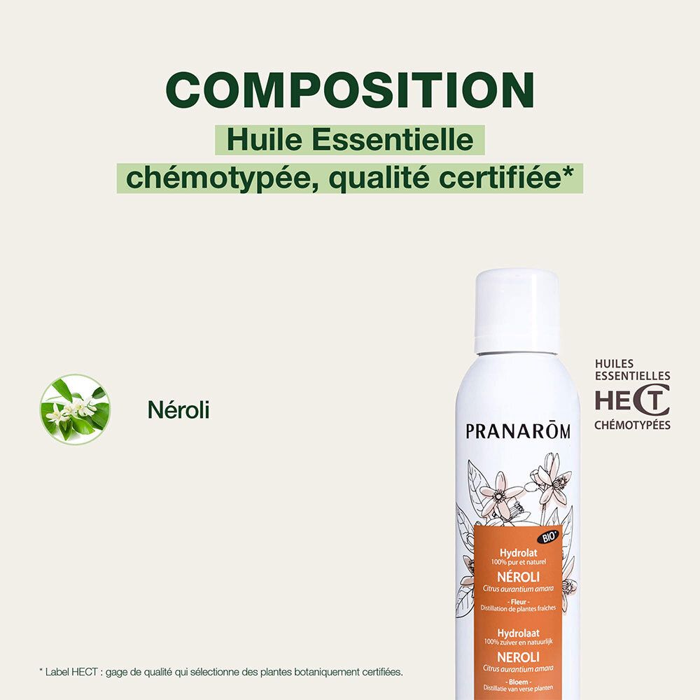Flacon de produit sur fond vert. Texte: Huile Essentielle chémotypée, qualité certifiée, Néroli.