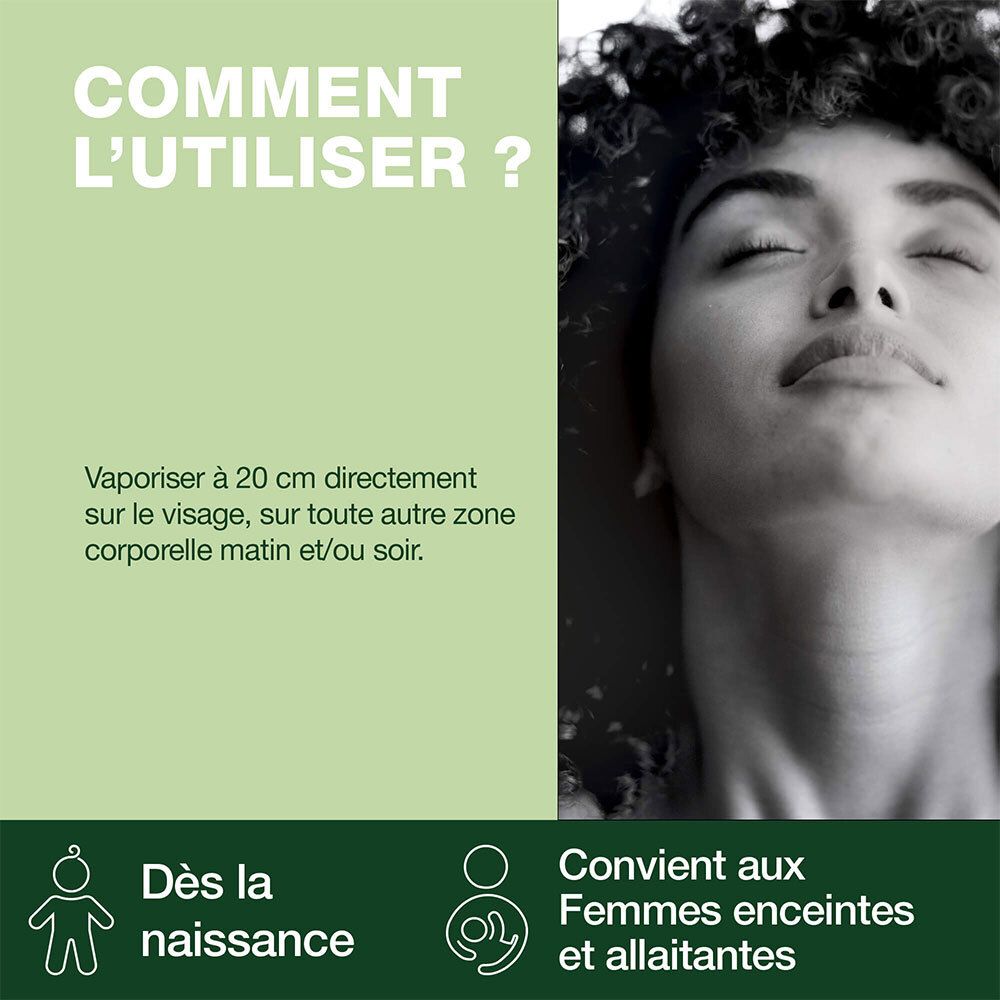 Femme aux yeux fermés. Texte: Vaporiser à 20 cm directement sur le visage, matin et/ou soir. Convient aux femmes enceintes.