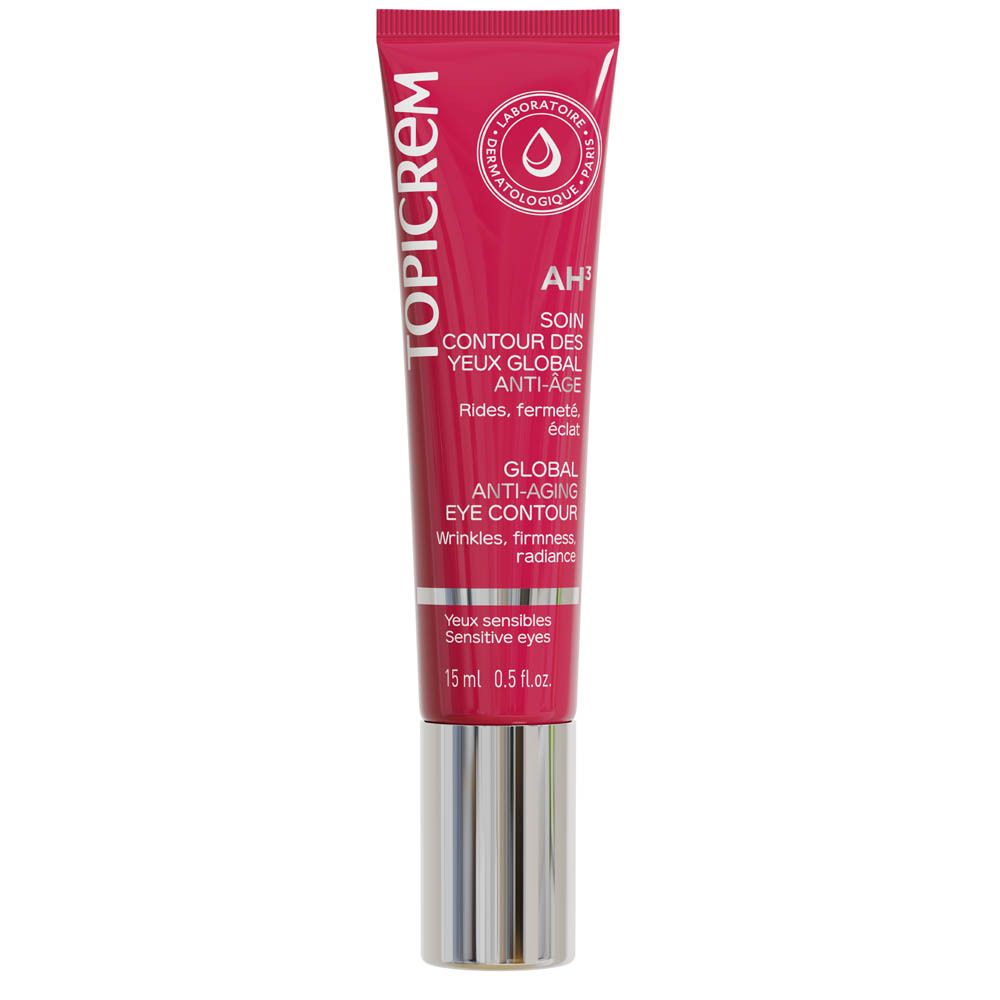 Tube rouge avec bouchon argenté. Texte: TOPICREM, SOIN CONTOUR DES YEUX ANTI-ÂGE GLOBAL. 15 ml.