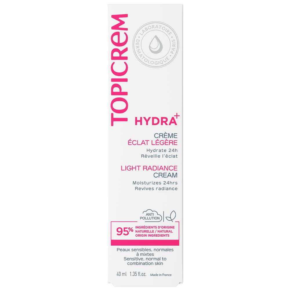 Tube blanc avec des accents roses. TOPICREM Hydra+ Crème, texte en français et anglais. 95% ingrédients naturels.