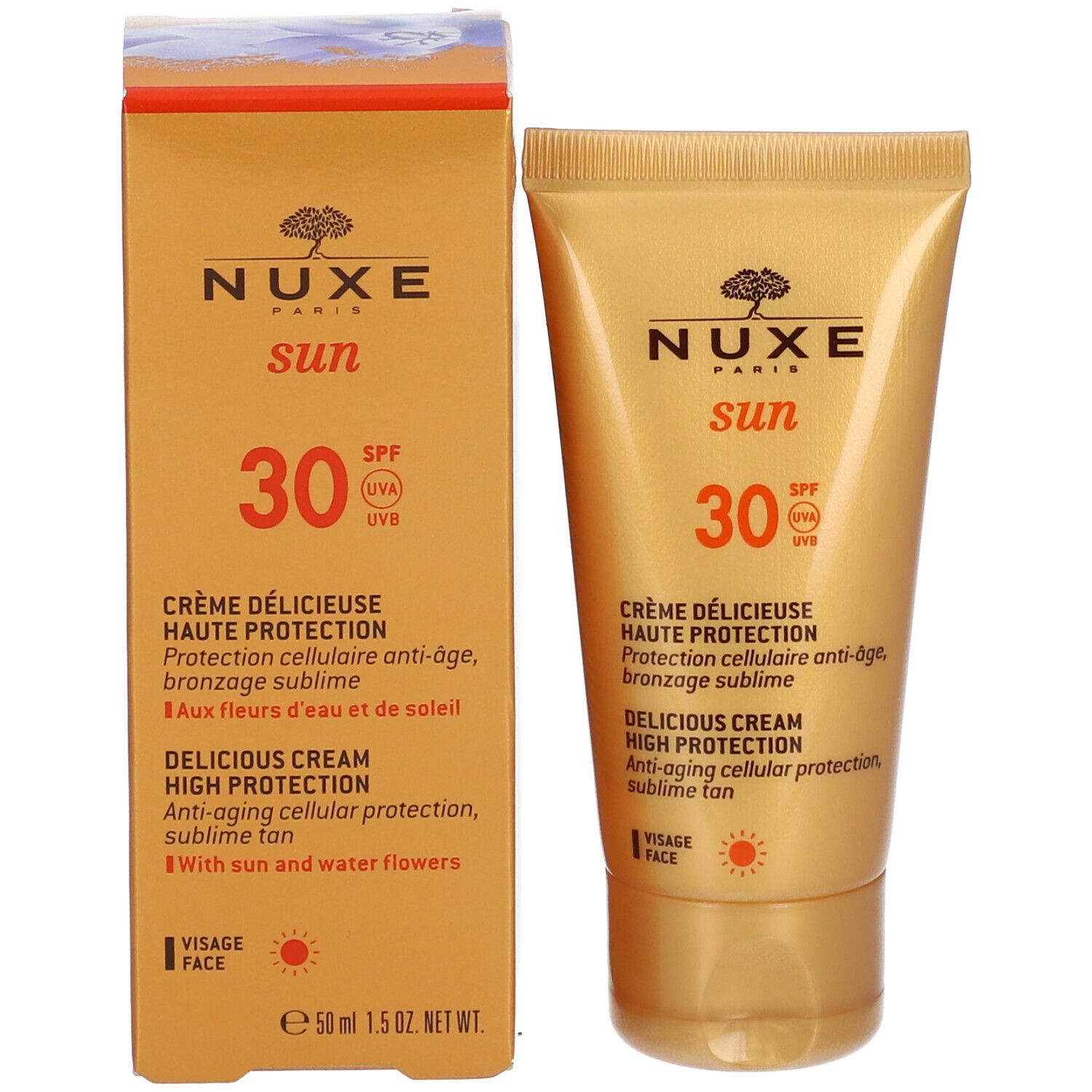 Nuxe Sun SPF30 et emballage. Texte: Crème Délicieuse Haute Protection. Crème solaire visage.