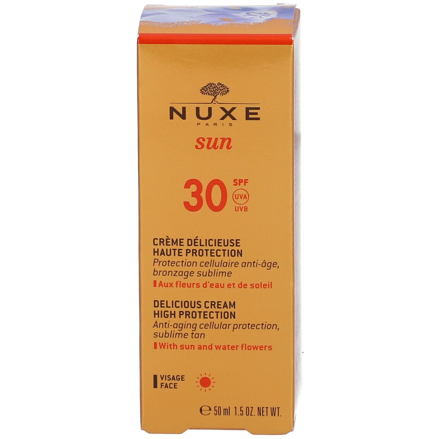 Emballage Nuxe Sun SPF30. Texte: Crème Délicieuse Haute Protection. Crème solaire visage.