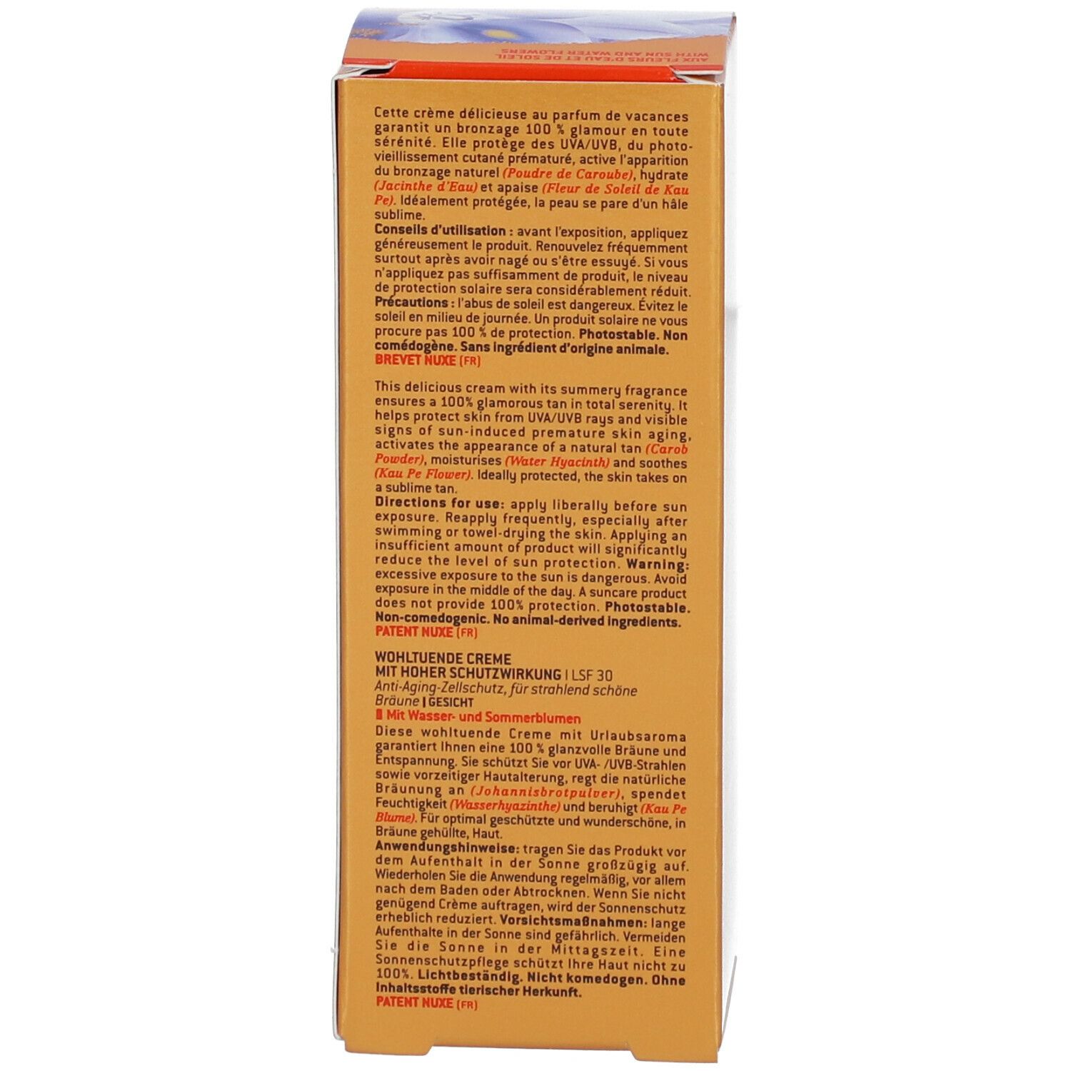 Dos de l'emballage Nuxe Sun SPF30. Texte en français: Cette crème délicieuse.