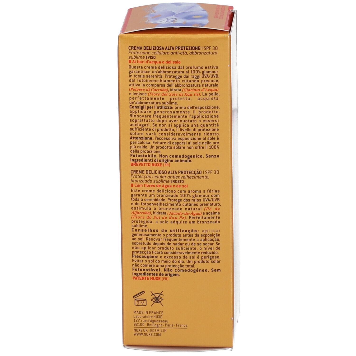 Dos de l'emballage Nuxe Sun SPF30. Texte en français: Cette crème délicieuse.
