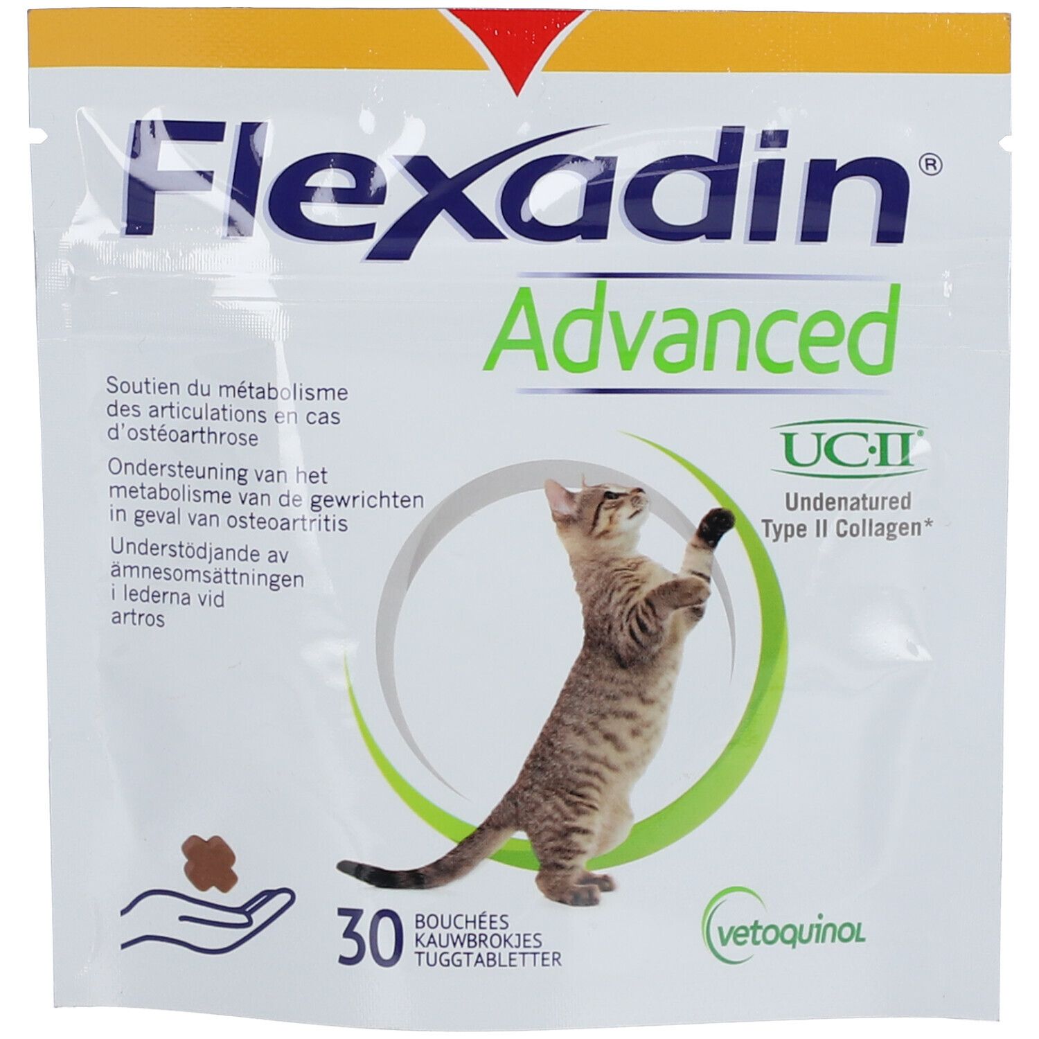 Sachet Flexadin Advanced. Contient 30 comprimés à mâcher. Image d'un chat. Inscription: UC-II Undenatured Type II Collagen.