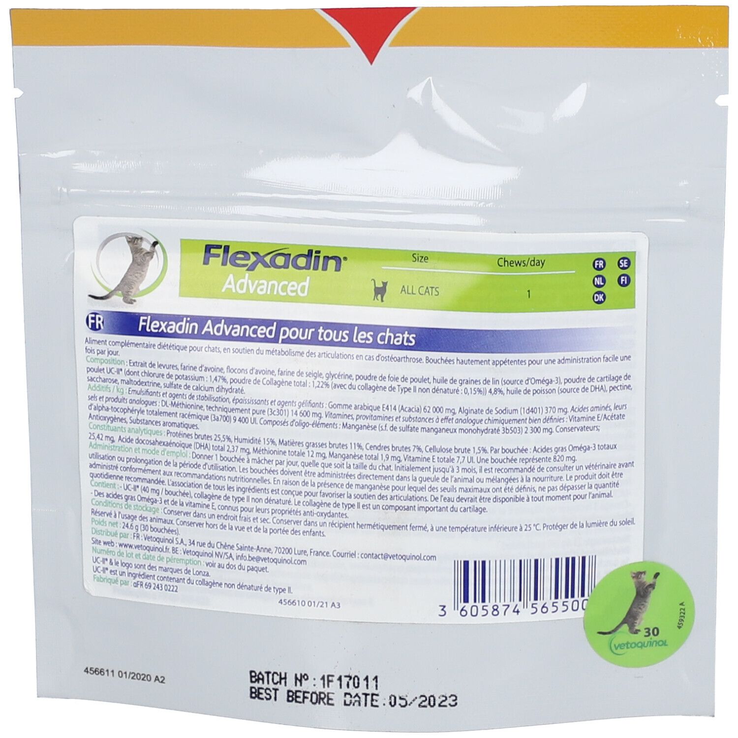 Dos de l'emballage Flexadin Advanced. Contient des informations sur les ingrédients et le dosage. Un chat est illustré.
